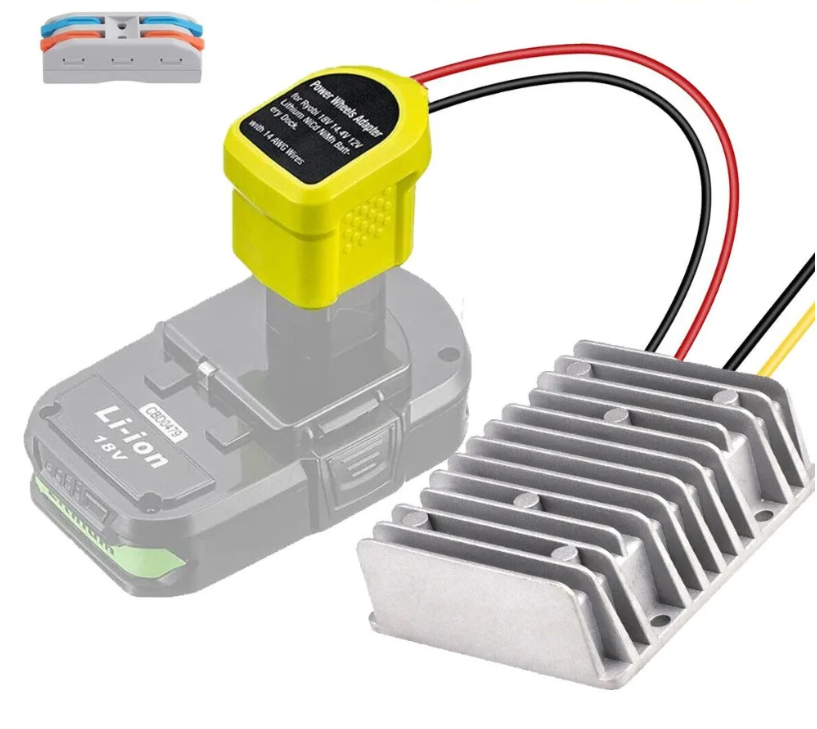 Ryobi 18V akkuadapteri + jännitteenalennin 18V -> 12V 15A