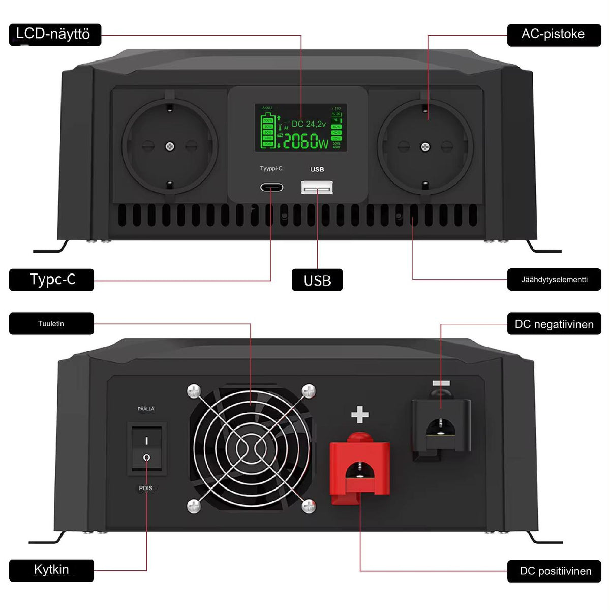 DATOU BOSS Puhdas Siniaaltoinvertteri 12V / 24V 1200W / 2300W