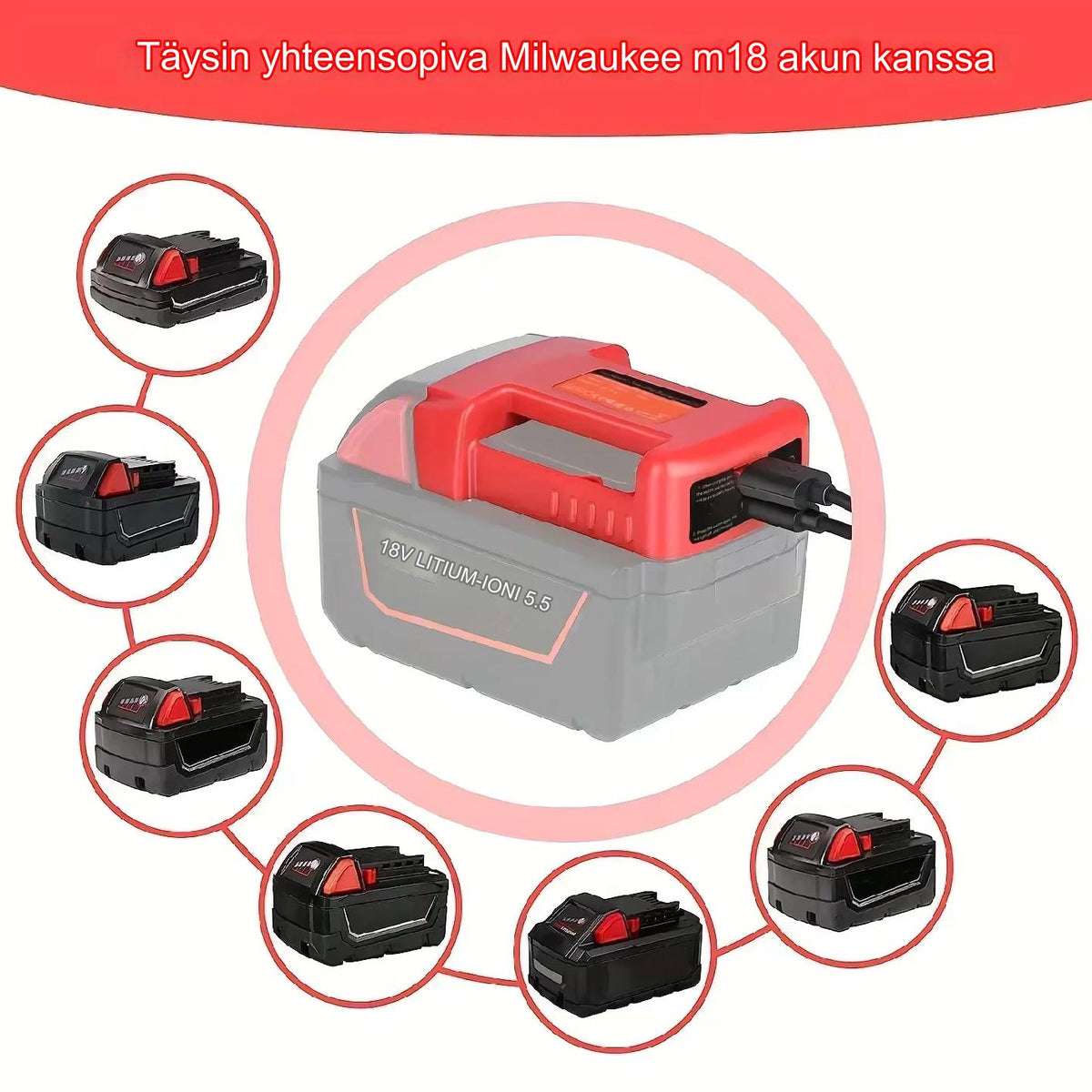 Milwaukee yhteensopiva USB A ja C sovitin