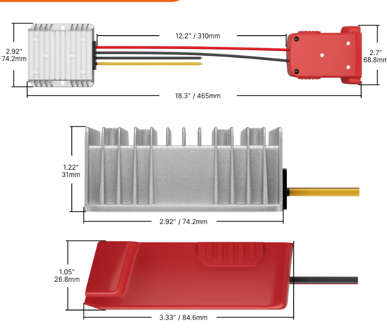 Milwaukee M18 akkuadapteri + jännitteenalennin 18V->12V 15A